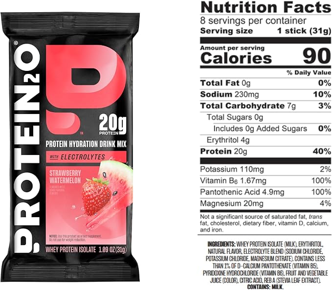 Protein2o 20g Whey Protein Isolate Clear Protein Powder, 360mg of Electrolytes, Vitamins B5 & B6, Sugar Free, Strawberry Watermelon, 8-Pack