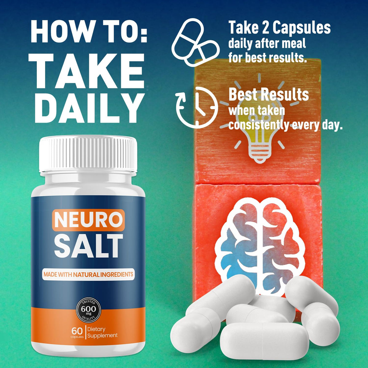 (5 Pack) Neuro Salt Capsules, Neuro Salt Brain Support Pills with Natural Ingredients, Advanced Formula NeuroSalt Maximum Strength Health & Wellness Support Vitamin for Women and Men (300 Capsules)