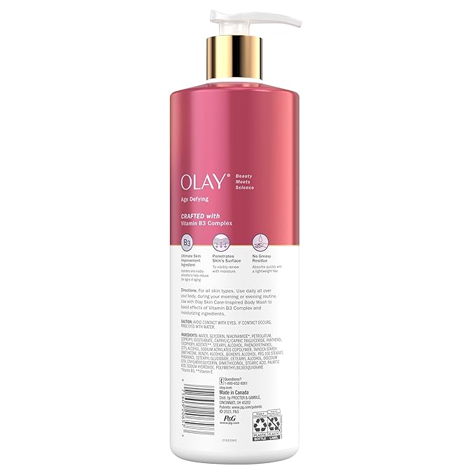 Olay Body Lotion for Women, Age Defying with Niacinamide Serum, Visibly Reduce Signs of Skin Aging, 24hr Moisture & Hydration, Fast Absorbing Formula, Vitamin B3 Complex, For All Skin Types, 17 fl oz