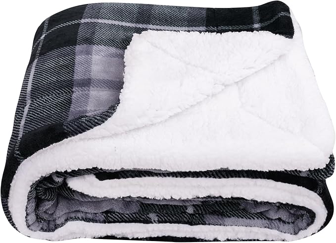 SOCHOW Sherpa Plaid Fleece Throw Blanket, Double-Sided Super Soft Luxurious Bedding Blanket 90 x 90 inches, Grey