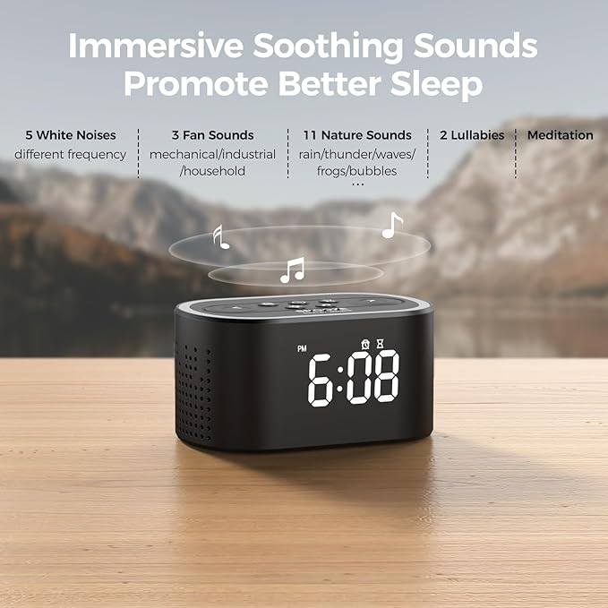 Reacher Digital Alarm Clock & White Noise Sound Machine, 21 Soothing Sounds, 7 Wake Up Sounds, 8 Night Lights, 32-Level Volume, 9 Sleep Timer, Memory Function for Adult, Kid, Bedside, Bedroom
