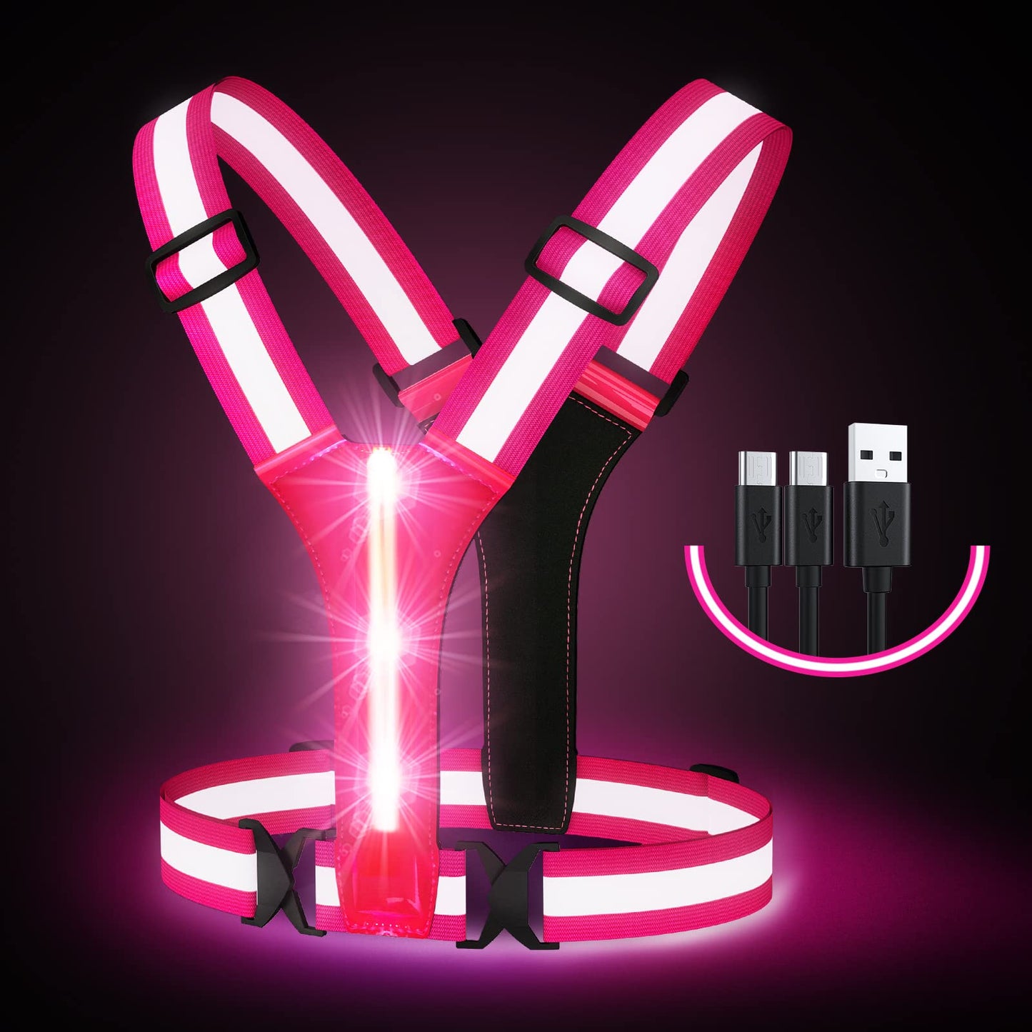 Simket Led Light Up Running Vest Reflective Vest for Walking at Night, High Visibility Night Running Gear Rechargeable Adjustable Running Lights for Runners Walkers Men Women