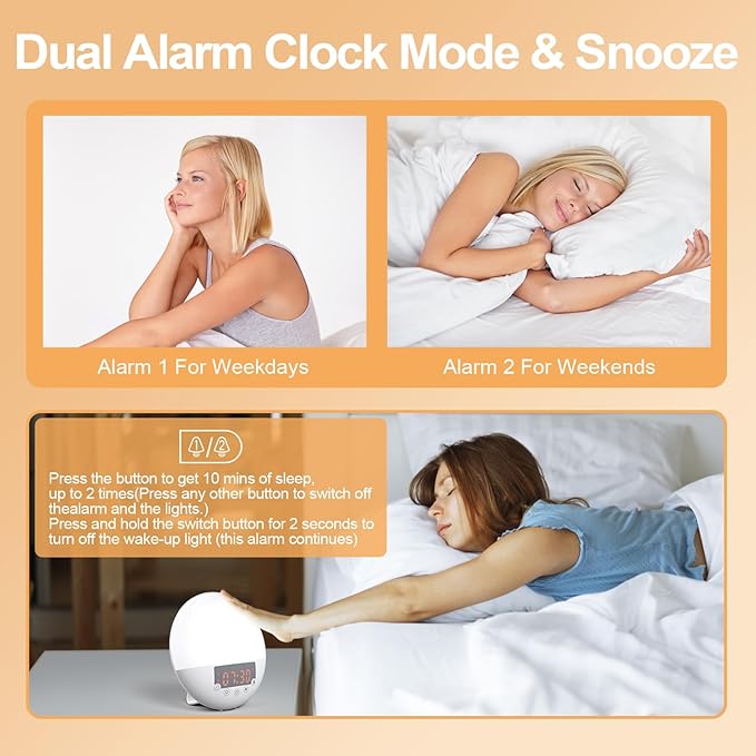Wake Up Light, 10000 Lux UV Free Sun lamp Sunrise Alarm Clock, Dimmable 5 Brightness & 4 Color Temperatures & Timer, Dual Alarms & Snooze, Sleep Aid with 10 Natural Sounds