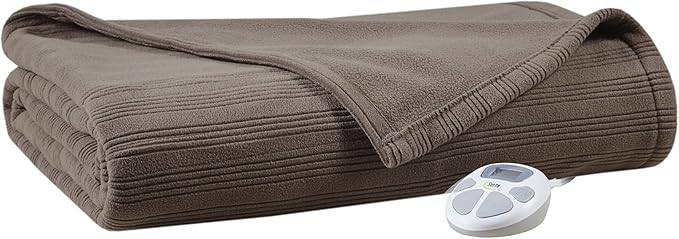 Serta Travis Fleece Ultra Soft Tri-Rib Textured Electric Blanket, Cozy and Snuggly Cover Fast Heating for Cold Weather, Auto Shut Off, Multi Heat Setting Controller, Queen, Stone Brown
