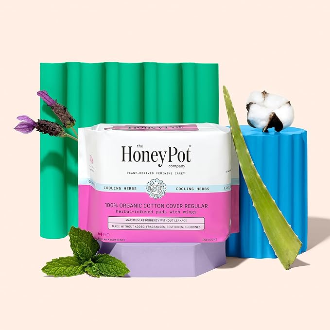 The Honey Pot Company - Herbal Sanitary Pads for Women - Regular Flow w/Wings - Infused w/Essential Oils for Cooling Effect & Organic Cotton Cover - Feminine Care - FSA & HSA - 20 ct