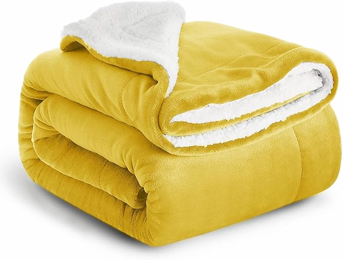 IR Imperial Rooms Sherpa Fleece Queen Size Blanket for Bed - Thick and Warm Blanket for Winter Reversible Soft and Fluffy Blankets Queen Size, Yellow, 90x90 Inches