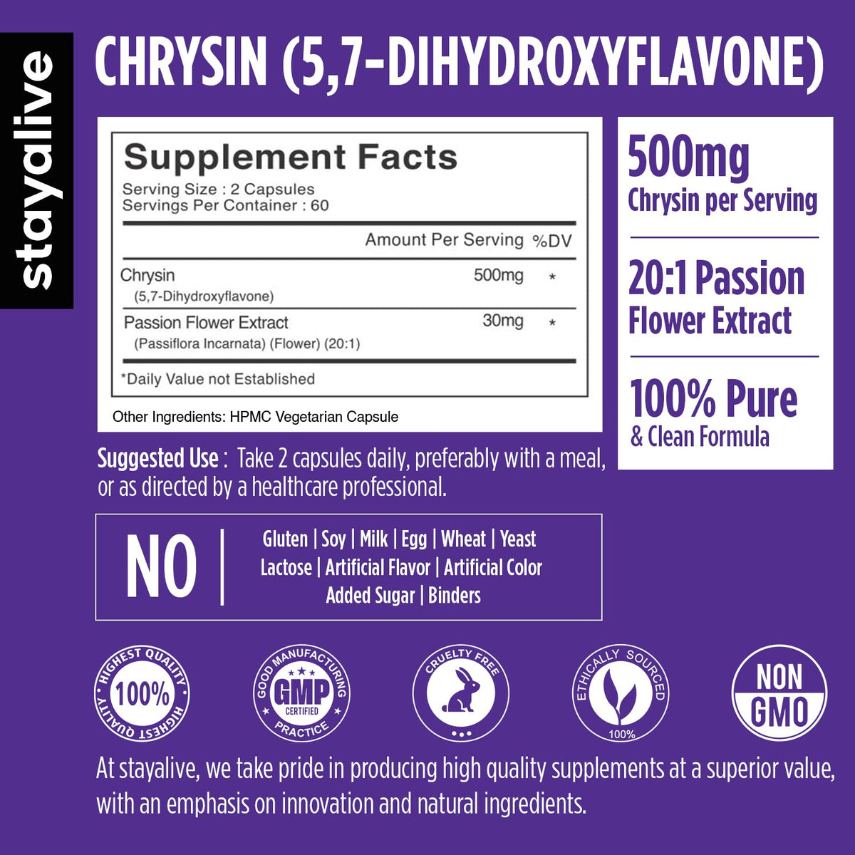 STAY ALIVE Chrysin Supplement 500mg & Passion Flower Extract Powder, 5,7-Dihydroxyflavone, Non-GMO and Gluten-Free Chrysin for Men and Women, 120 Capsules