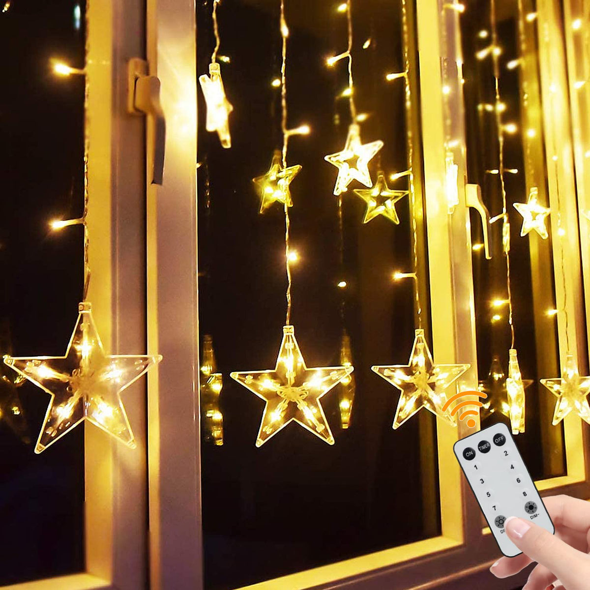 TOFU Star Curtain Lights, 108 Led 12 Stars Remote Window Curtain String Lights Plug in with 8 Flashing Modes Decoration for Christmas, Wedding, Bedroom, Party, Birthday, 7.3ft W, 3.3ft H, Warm White