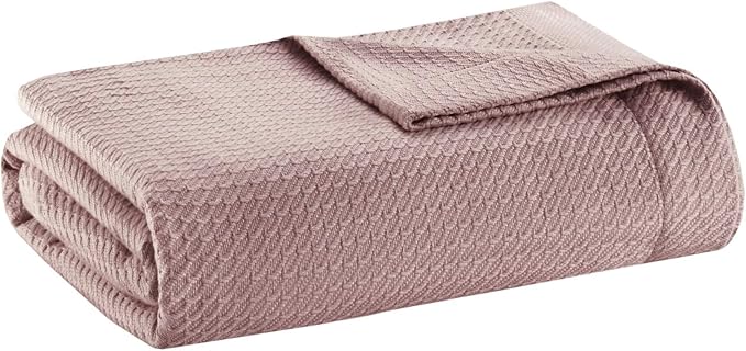 Madison Park Soft Certified 100% Egyptian Cotton Breathable Cozy Blanket, Premium Waffle Knit Classic Design, Luxury All Season Lightweight Cover for Bed, Couch and Sofa, Rose Full/Queen(90"x90")