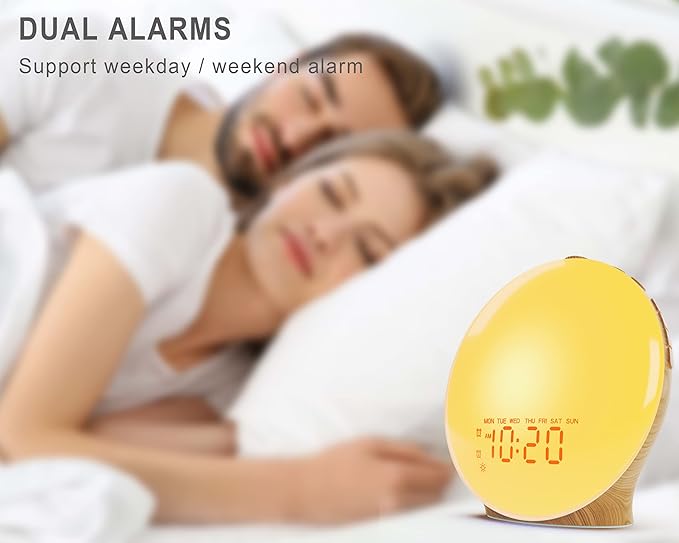 Wake Up Light Sunrise Alarm Clock for Kids, Heavy Sleepers, Bedroom, Full Screen with Sunrise Simulation, Dual Alarm, FM Radio, 15 Nightlights, 8 Sounds, Sleep Timer, Wood Grain