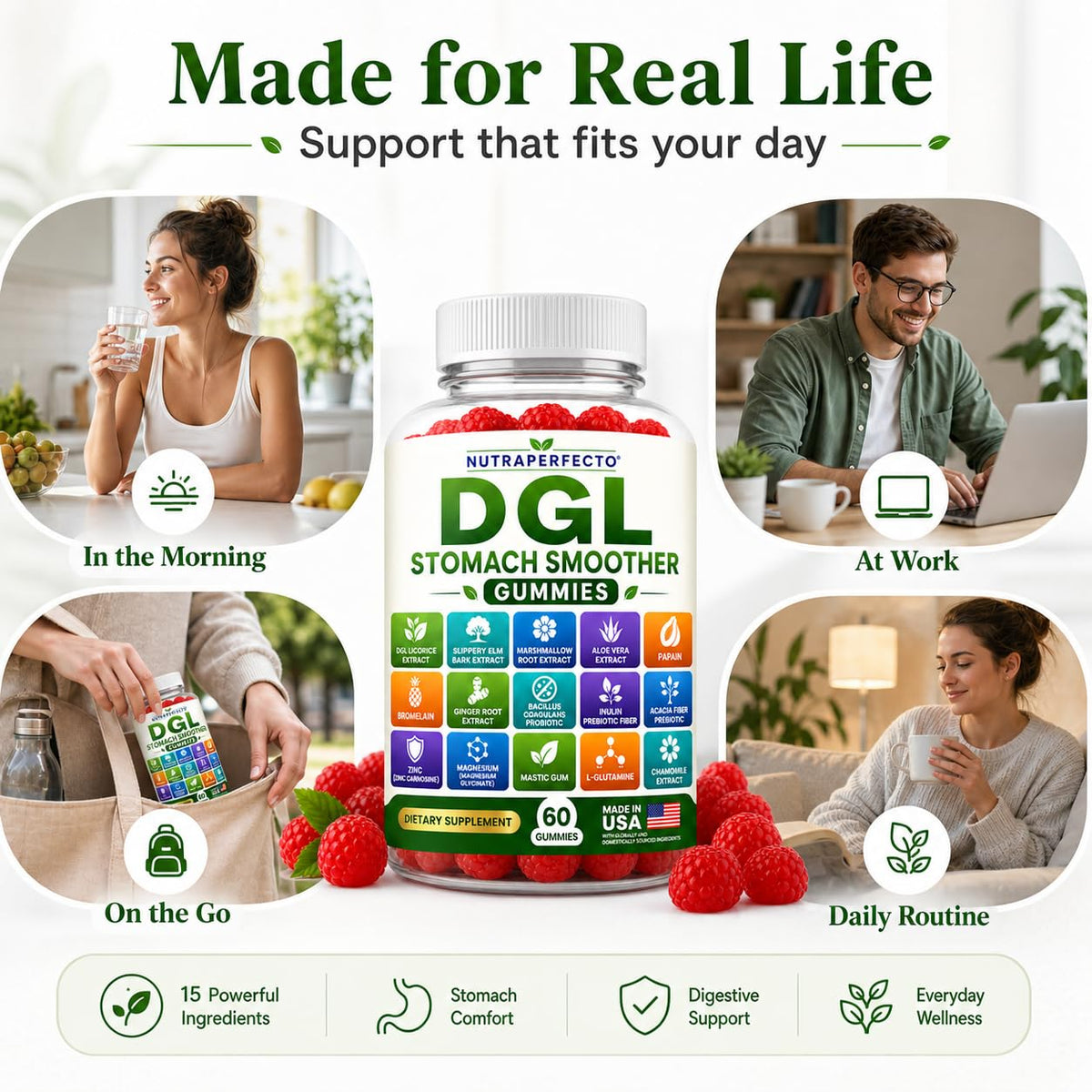 Sugar Free DGL Stomach Smoother Gummies with DGL Licorice, Slippery Elm, Marshmallow Root, Aloe Vera, Probiotic & Prebiotic Fiber, Ginger, Mastic Gum, L-Glutamine, Zinc Carnosine, Digestive Support