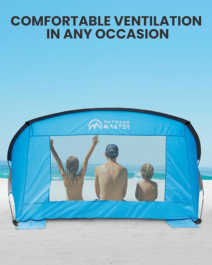OutdoorMaster Beach Tent for 3-4 Person - Easy Setup and Portable Beach Shade Sun Shelter Canopy with UPF 50+ UV Protection Removable Skylight Family Size - Blue