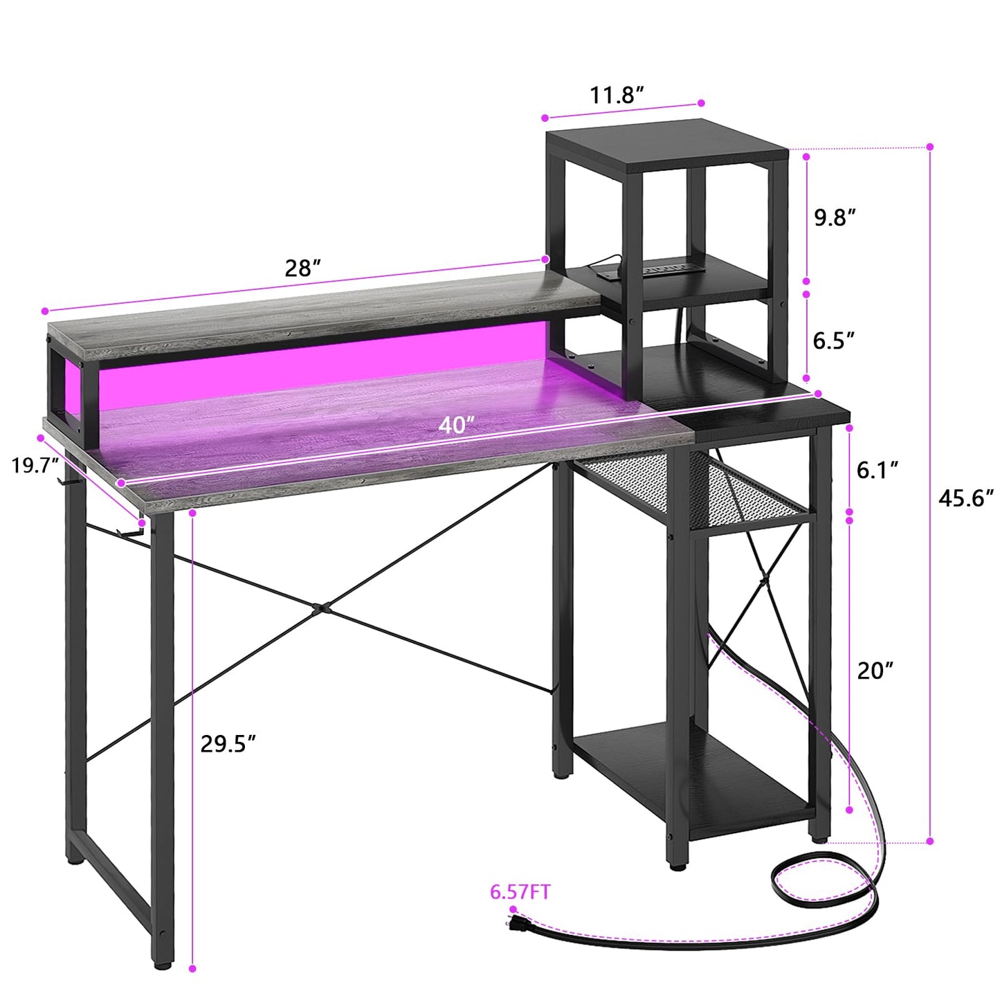 armocity 2024 Upgrade Gaming Desk with LED Lights, Computer Desk with Long Monitor Stand, 40'' Reversible Laptop Table with Storage Shelves, Small Desk for Small Spaces, Gaming Room, Grey
