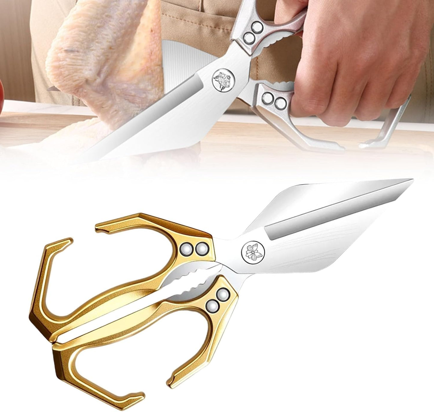 Multifunctional Heavy-Duty Kitchen Shears, Heavy Duty Kitchen Scissors for Food with Ergonomic Handle, High-Carbon Steel Culinary Shears for Chicken, Meat, Seafood, Bone Cutting (Gold)