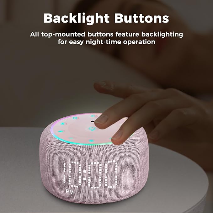 White Noise Machine Alarm Clock for Bedrooms - 5W Stereo Bluetooth Speaker - 24 Soothing Sounds - 9 Night Lights - Auto-Dimmable Digital Alarm Clock Sound Machine for Sleeping