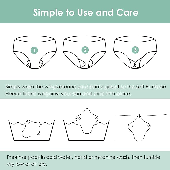 wegreeco 6 Pcs Reusable Menstrual Pads, Ultra Absorbent Cloth Pads for Heavy Flow, Sanitary for Teens, Women, Nonslip Panty Liners + Bag (Aqua, Burgundy, Coffee, S)