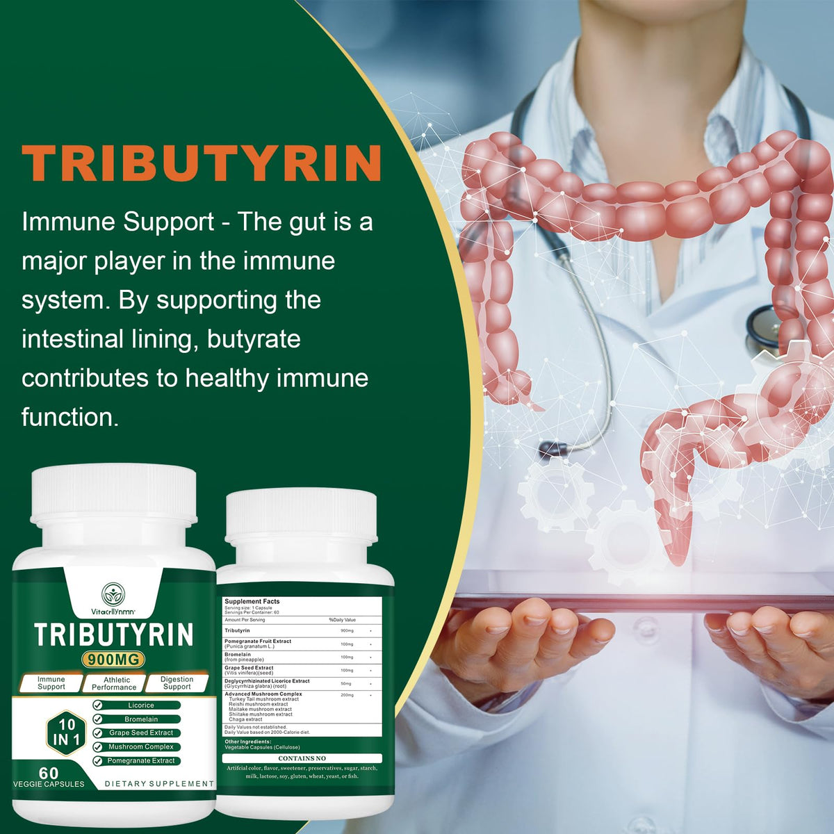 VITACRLLYNMN Tributyrin Supplement - Butyrate Precursor for Gut Barrier Support, Leaky Gut Support, Digestion 60 Count