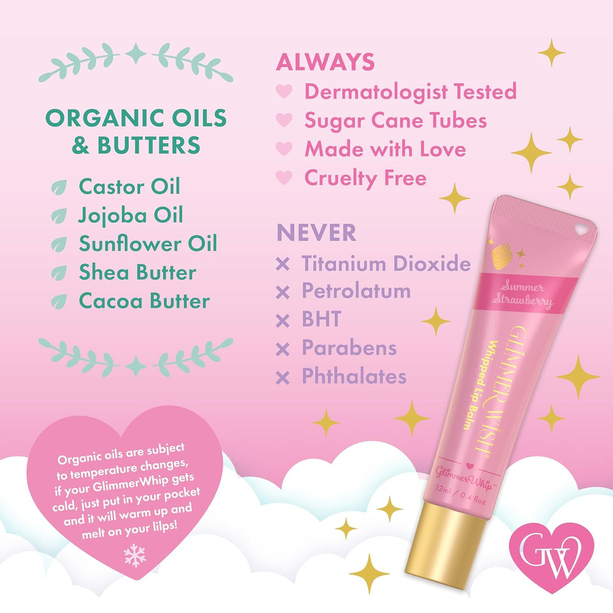 Glimmer Wish Glimmer Whip Hydrating Lip Balm – Organic Castor & Jojoba Oils, Shea & Cocoa Butters – Vegan, Non-Toxic, Moisturizing Lip Care (Summer Strawberry)