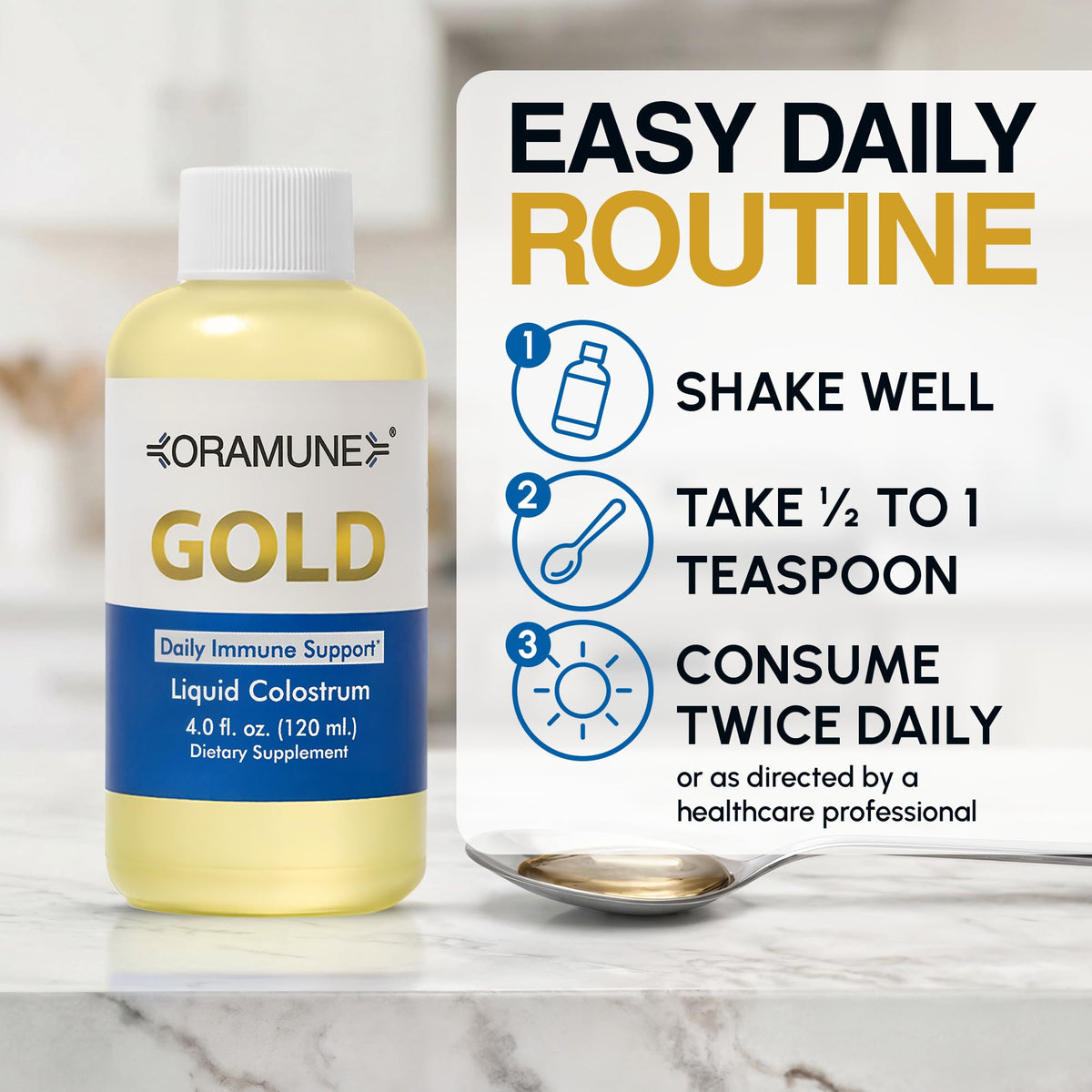 Oramune Gold Immune Support Supplement with Transfer Factor and Pure Colostrum Gold Liquid Bovine Colostrum – Rich in Lactoferrin, Insulin-Like Growth Factor-I (IGF-I) for Immune Strength– 4 fl oz