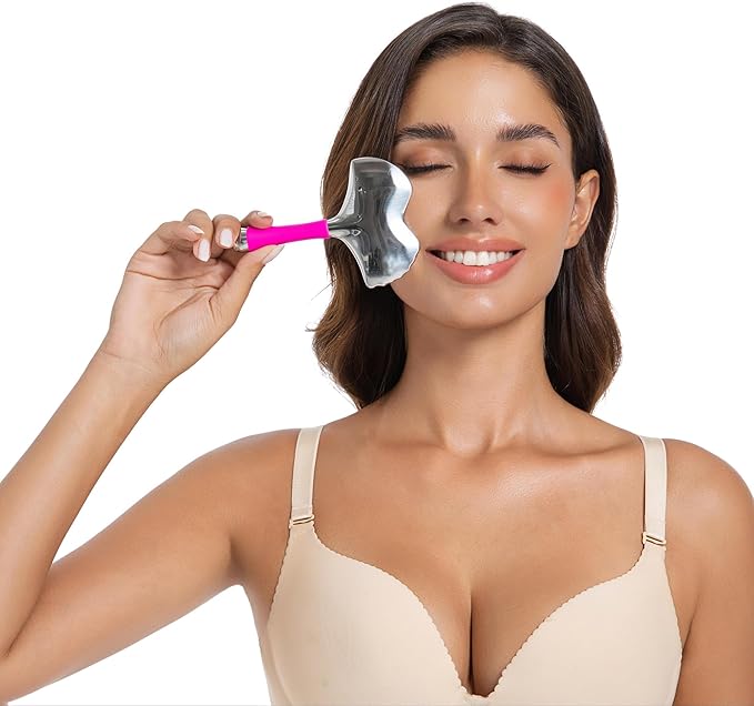 Stainless Steel Gua Sha Facial Tool for Women｜2-in-1 Cooling Massager & Ice Roller with Handle, Built-in Anti-Freeze Liquid for Skincare, Lifting, and Puffiness Relief