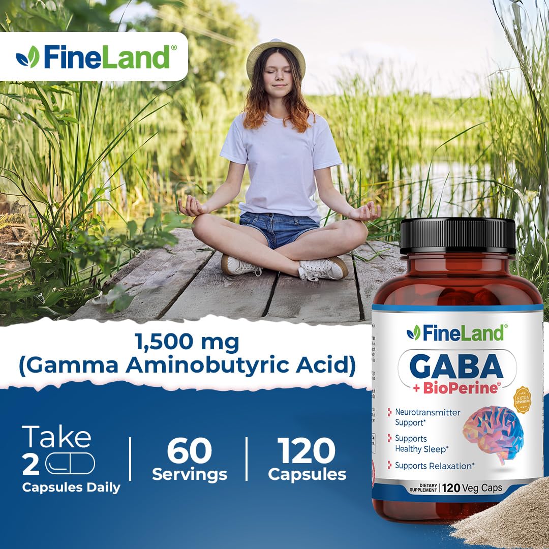 FineLand GABA + BioPerine® – Gamma-Aminobutyric Acid Supplement for Relaxation & Daily Calm | Supports Emotional Well-Being, Vegan – 120 Capsules, Made in USA