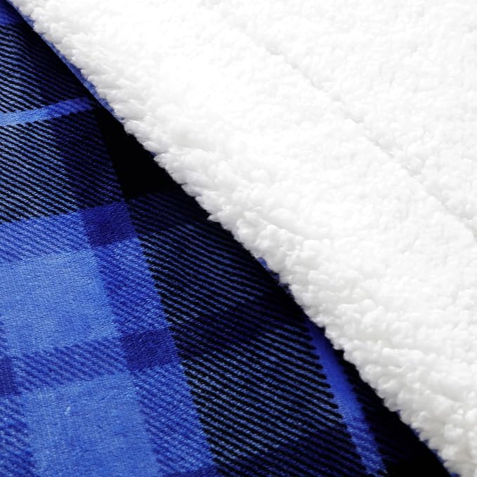 SOCHOW Sherpa Plaid Fleece Throw Blanket, Double-Sided Super Soft Luxurious Bedding Blanket 90 x 90 inches, Blue