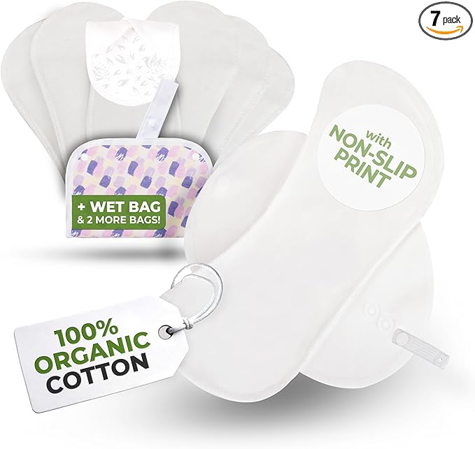 Non-Slip Organic Reusable Panty Liners for Women & Teens (Medium, 7-Pack); High-Temp Washable Cotton Cloth Liners; Stay Fresh & Dry, for Daily Vaginal Discharge Only; 100% Breathable (no PUL/TPU)