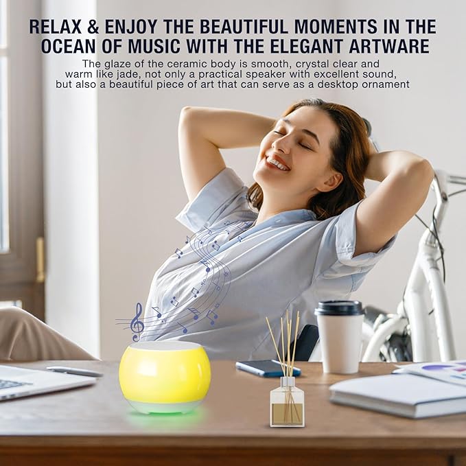 Bluetooth Speaker with Ceramic Body for Meditation & Yoga, Sound Therapy Machine for Stress Relief, Sleep Aid and Focus, Deep Bass, Louder Volume, Light Effect for Boxing Breathing (Yellow)