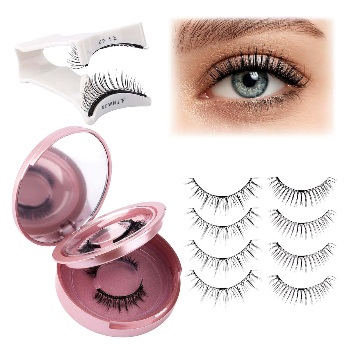 FADLASH Magnetic Eyelashes with Applicator 2 Pairs Waterproof Cat Eye Magnetic Lashes Natural Look Reusable Easy to Wear and Remove, Black (079+B01)