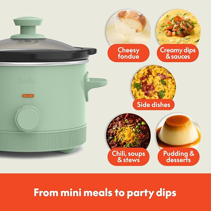 bella 1.5 Qt Slow Cooker with 3 Heat Manual Control, EverGood™ Ceramic Nonstick Coating, Dishwasher Safe Stoneware Pot and Tempered Glass Lid, Tangle Free Cord Wrap & Cool Touch Handles, Seaglass