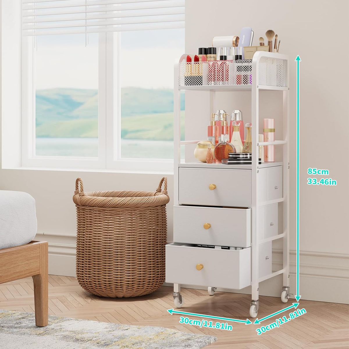 HapiRm Rolling Makeup Cart Organizer - Floor Skincare Make Up Storage with 3 Drawers, Vanity Organizer Cosmetic Display Cases Holder for Skin Care Perfume Nail Polish Brush Hair Tool, White