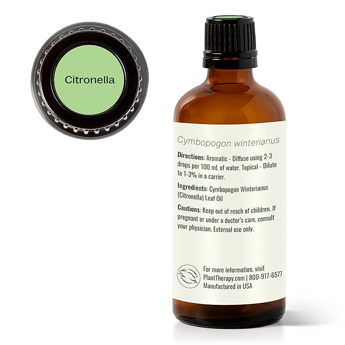 Plant Therapy Citronella Essential Oil 100 mL (3.3 oz) 100% Pure, Undiluted, Citronella Oil for Aromatherapy, Diffuser, Candle Making, Skin Care, Outdoors, Therapeutic Grade