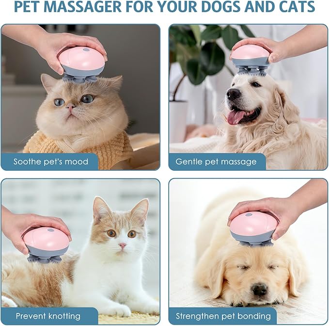 Upgraded Handheld Pet Massager for Dogs and Cats, Electric Cat Dog Massager, with 4 Rotatable Massage Heads, Three Modes, for Relieving Tight Stiffness Muscles, Promote Bonding (Pink)