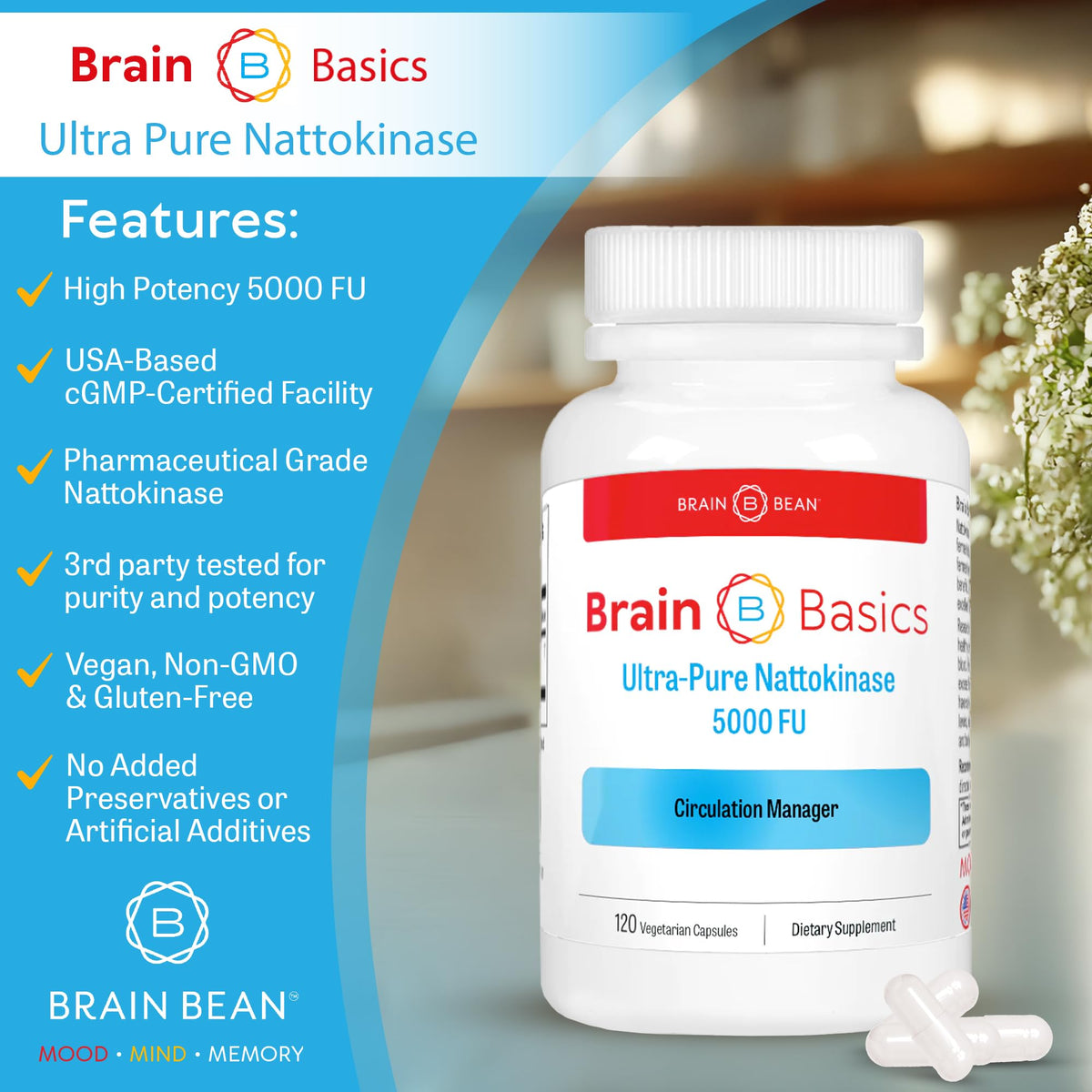 Brain Basic Ultra-Pure Nattokinase 5000 FU – 120 Capsules - Natural Blood Circulation Support with Highest Potency Available – Non-GMO, Vegan, Gluten Free