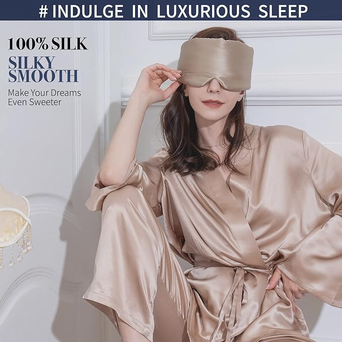 Fleur&Yang Silk Sleep Mask, Adjustable Blackout Sleeping Mask for Men Women, Soft Breathable 100% Mulberry Silk Fabric, Cooling Eye Cover Blindfold for DeepSleep or Meditation (Flax Gold)