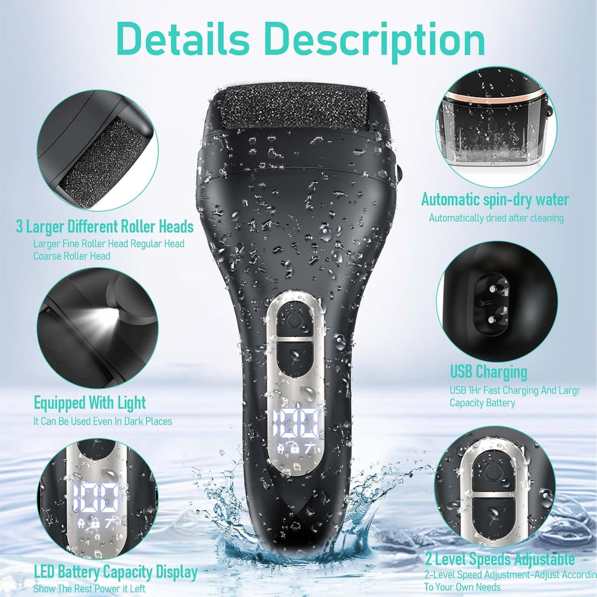 Callus Remover for Feet - with Larger Grinding Head, Portable Pedicure Kit Foot File Callus Remover, Rechargeable Waterproof Foot File for Foot Care Deadskin Remover LCD Display-2pcs
