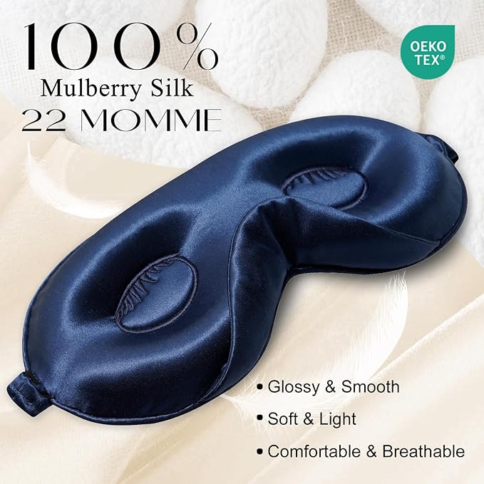 ZIMASILK Adjustable 22 Momme 100% Mulberry Silk Sleep Mask, Upgraded 3D Contoured Cup Eye Mask for Sleeping, Super Soft & Breathable Blindfold, Blackout for Deep Sleeping (Navy Blue)