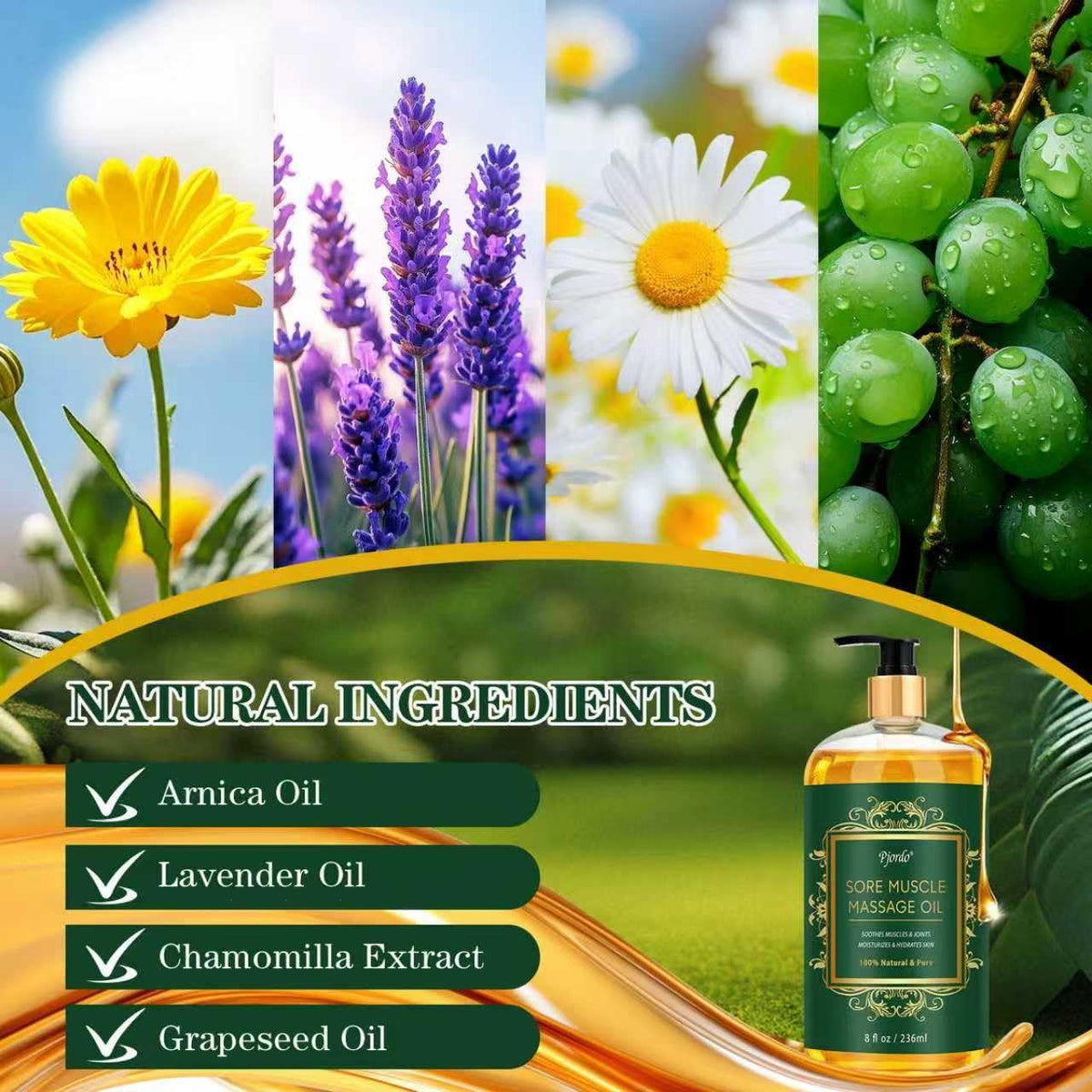 Sore Muscle Massage Oil for Massage Therapy, 8 FL OZ Natural Body Massage Oil with Lavender Oil, Arnica & Chamomile Extract, Soothes Muscle and Joint for Professional & Home Use