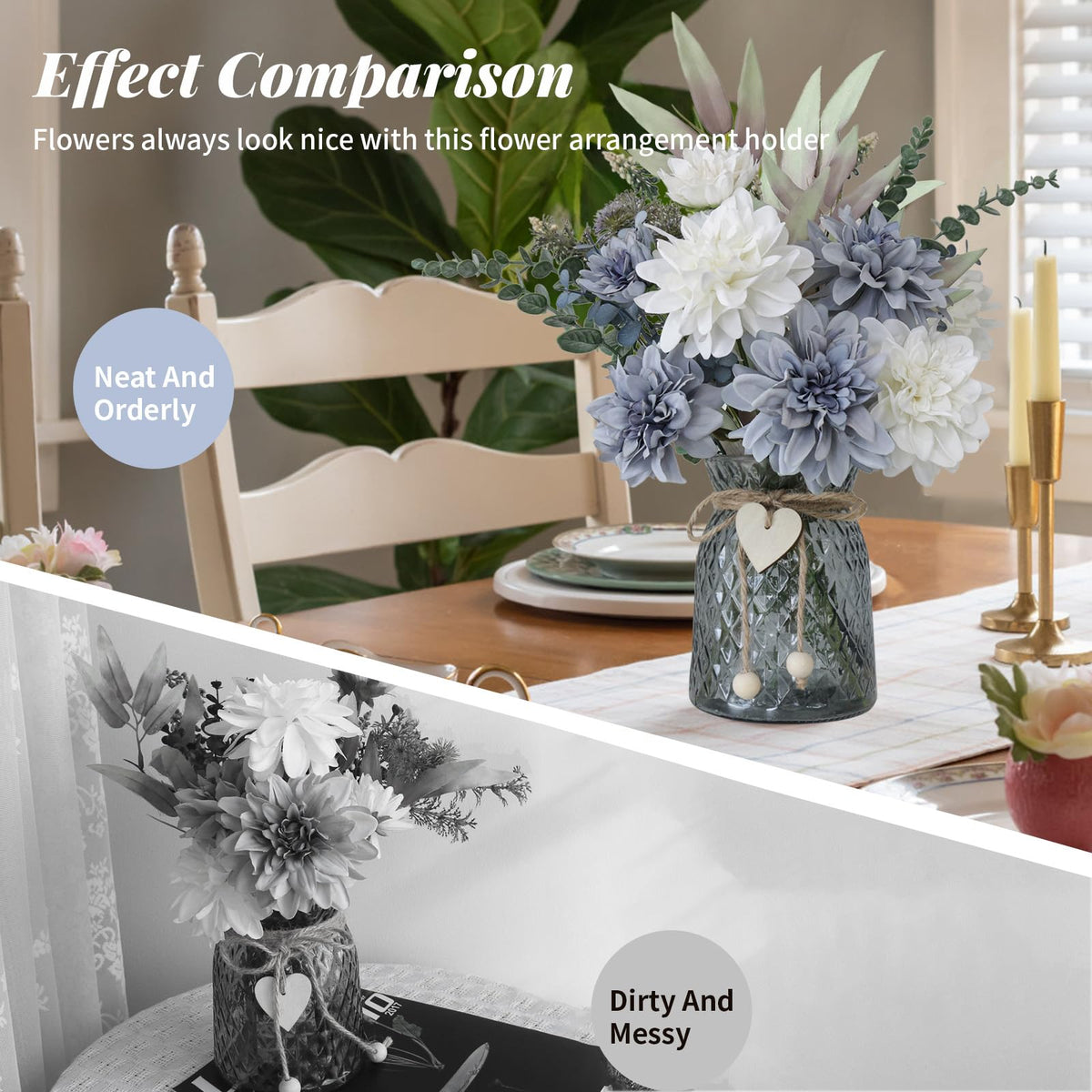 SHINFHOMF Fake Flowers in Vase,8 Dahlias,Silk Artificial Flowers in Vase,Centerpiece Table Decorations,Faux Flowers in Vase with a Flower Arrangement Holder