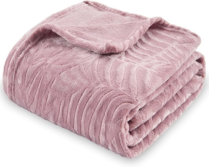 SOCHOW Super Soft Flannel Fleece Throw Blanket for Women, Lightweight Cozy Warm Leaves Textured Plush Blanket for Bed Couch Sofa, 50 x 60 Inches, Dusty Rose