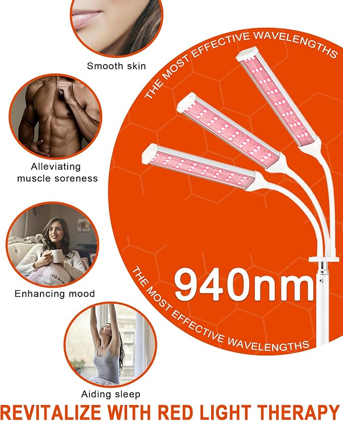 Red Light Therapy Lamp for Face- Facial and Body Treatment with Adjustable Height Stand, Alleviate Muscle Soreness, Skin Vitality,3head-w