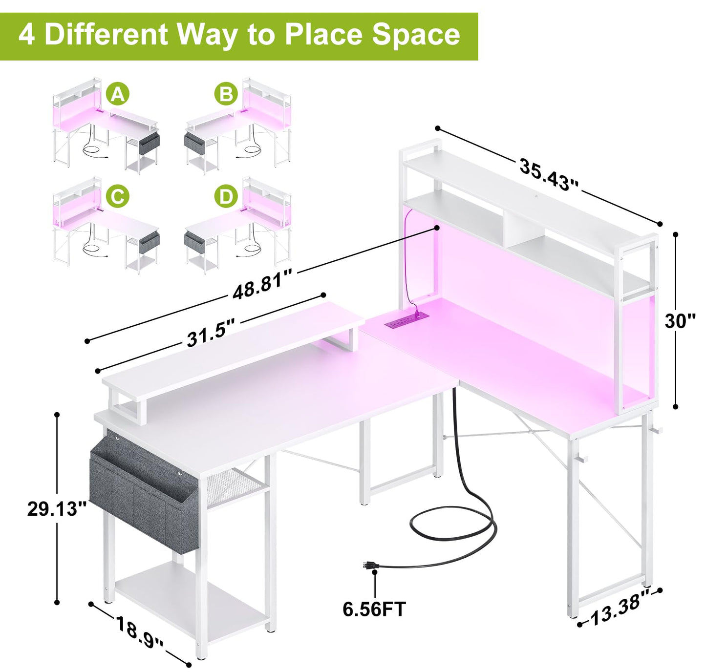 Besiost Small L Shaped Desk Gaming Desk with Power Outlets, 48" Reversible L Shaped LED Computer Desk with Monitor Stand & Storage Shelf, Corner Gamer Desk Home Office Desk with Storage Bag, White