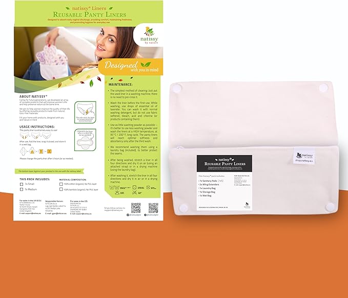 Cloth Panty Liners; 7-Pack (M) Medium Organic Cotton Reusable Panty Liners for Women MADE IN EU; Feminine Daily Panty Liners Washable for Women & Teens; Thin Sanitary Reusable Liners, NOT for Period