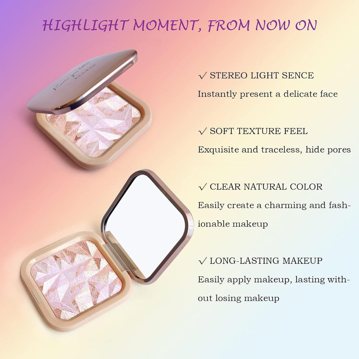 Highlighter Makeup Palette Shimmer Contour Palette Powder for Brighten Face Contour Gold Cheek Highlight Makeup, Long Lasting Highlighter Powder with Mirror for Illuminator Makeup (PINK GOLD)