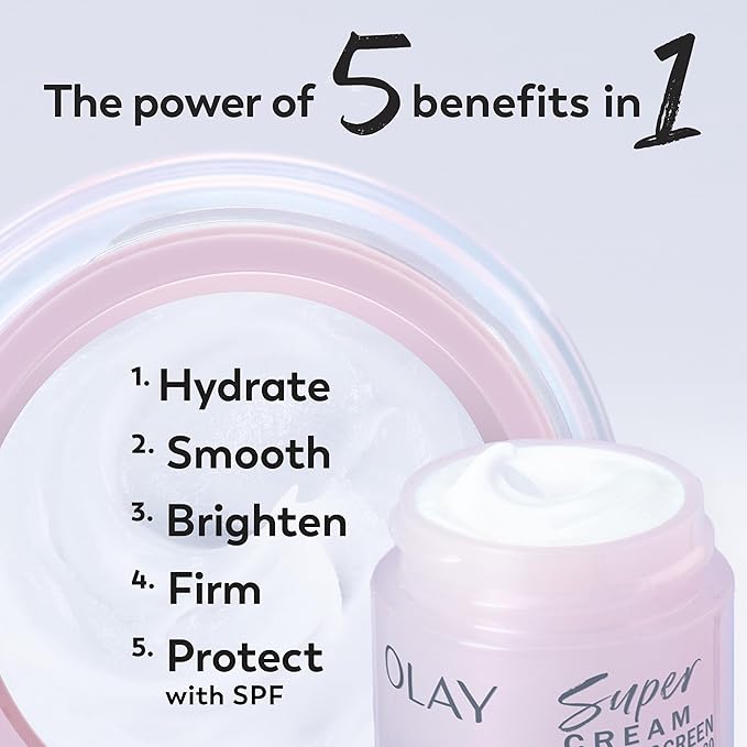 Olay Super Cream with Sunscreen SPF 30, Trial Size, Lightweight Face Moisturizer with Sun Protection, 5-in-1 Skin Care Benefits - Hydrating, Brightening, Firming - Niacinamide, Vitamin C, 15 mL