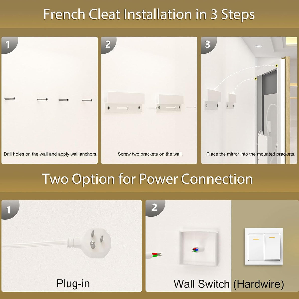 OKPAL 60x40 LED Bathroom Mirror Gold Metal Framed Front Light & Backlit, Lighted Vanity Mirror, Anti-Fog, Dimmable, 3 Colors, Shatterproof, ETL Listed, Horizontal/Vertical