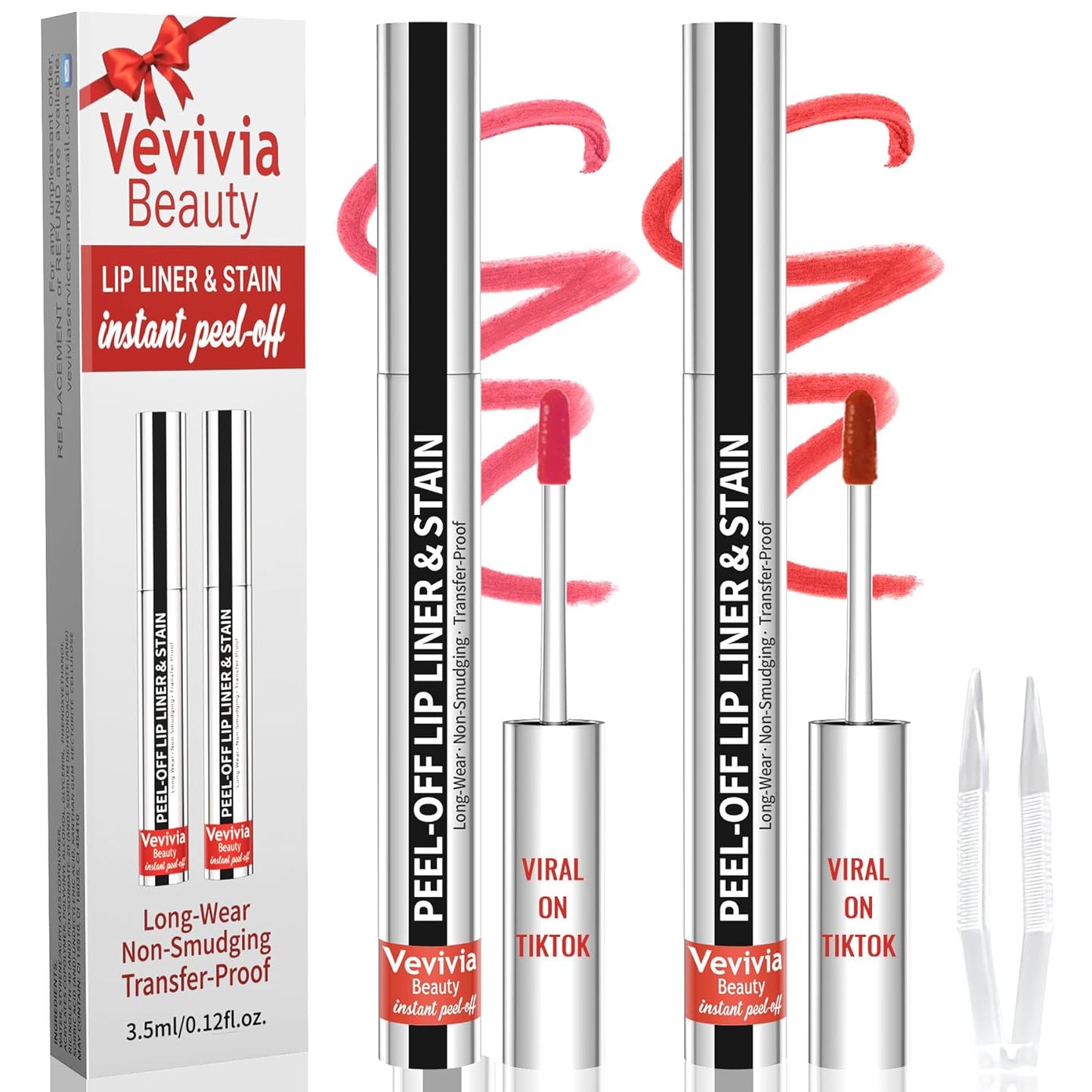 2pcs Lip Stain Peel Off - Lip Liner Stain Long Lasting Waterproof,2-in-1 Lip Liner with Tweezer Nude Matte,Non-Stick Cup,Highly Pigmented，Natural Finish,Stay On All Day,Perfect for Gift (Nude+Cocoa)