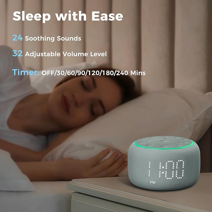 White Noise Machine Alarm Clock for Bedrooms - 5W Stereo Bluetooth Speaker - 24 Soothing Sounds - 9 Night Lights - Auto-Dimmable Digital Alarm Clock Sound Machine for Sleeping
