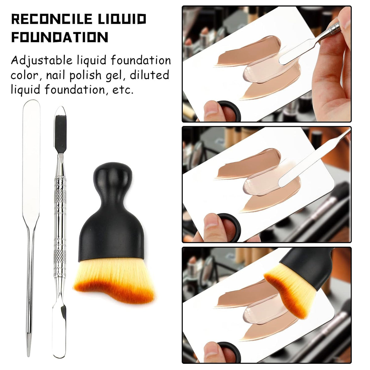 Makeup Spatula and Palette Set, Facial Makeup Tools, Including Eye Shadow/Eyelashes/Nail/Foundation With Makeup Mixing Palette + Blending Stick + Blending Spatula + Foundation Brush