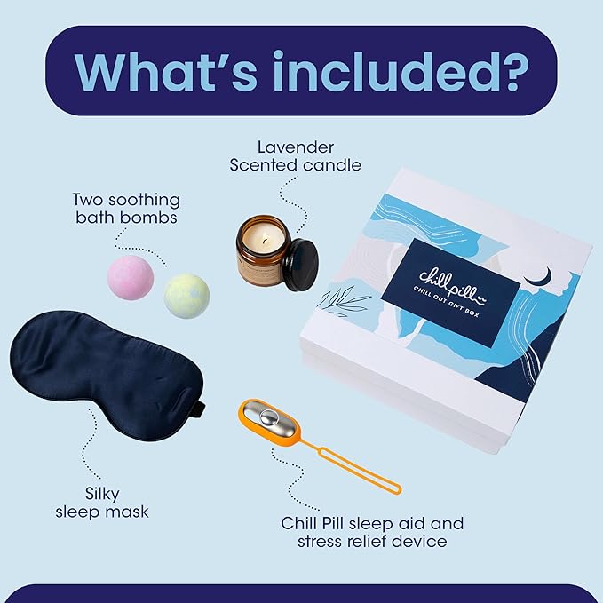 The Chill Pill Chill & Unwind Gift Box - Sleep Mask, Bath Balls, Aromatherapy Candle & The Chill Pill Sleep Aid Device - Mend Your Mental’s Best Gift for People in Need of Stress Relief and Relaxation